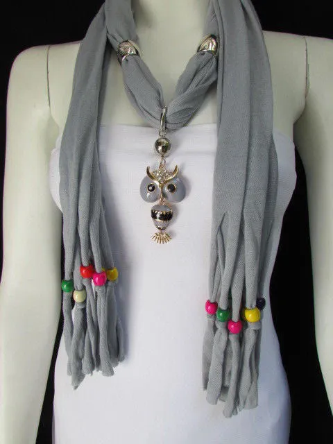 Long Fringed Scarf with Multicolored Beads & Owl Pendant