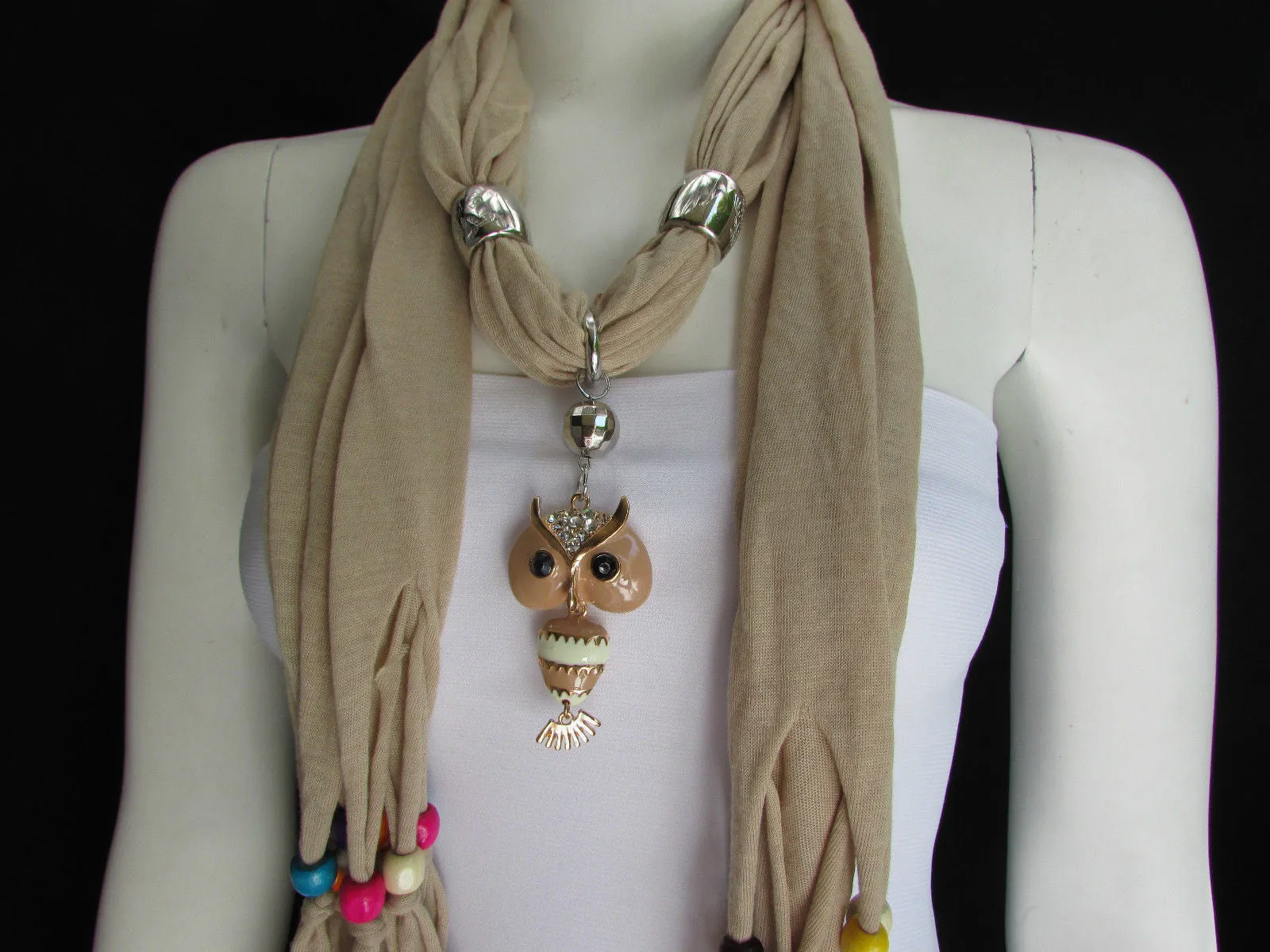 Long Fringed Scarf with Multicolored Beads & Owl Pendant