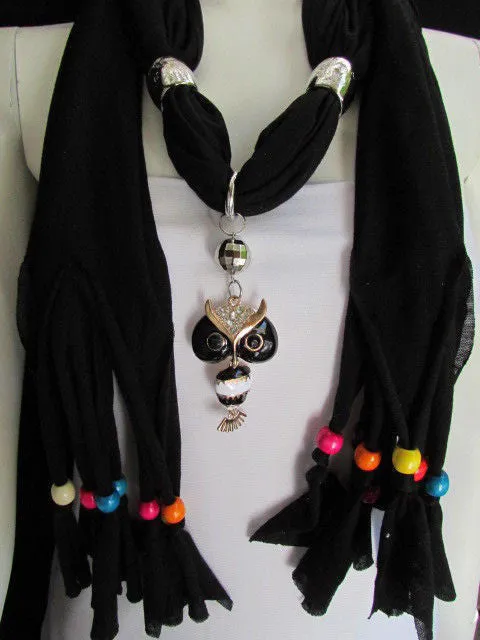 Long Fringed Scarf with Multicolored Beads & Owl Pendant