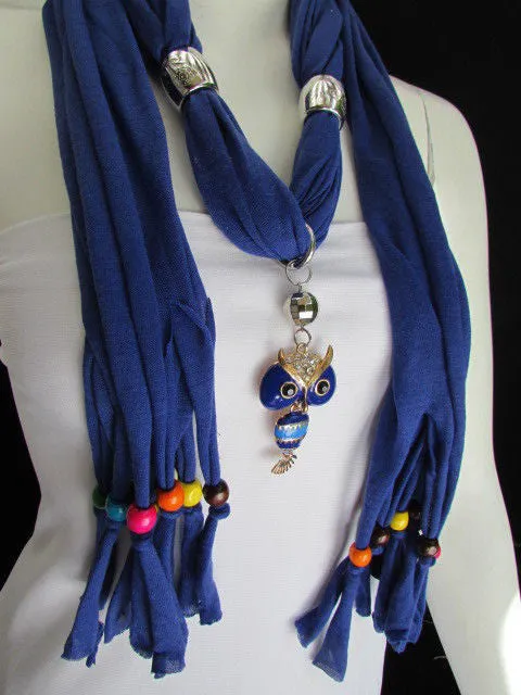 Long Fringed Scarf with Multicolored Beads & Owl Pendant