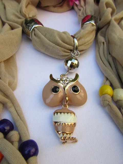 Long Fringed Scarf with Multicolored Beads & Owl Pendant