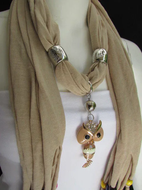 Long Fringed Scarf with Multicolored Beads & Owl Pendant