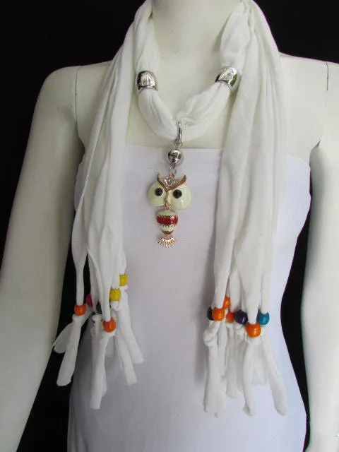 Long Fringed Scarf with Multicolored Beads & Owl Pendant