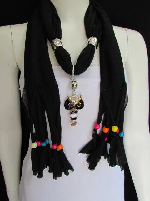 Long Fringed Scarf with Multicolored Beads & Owl Pendant