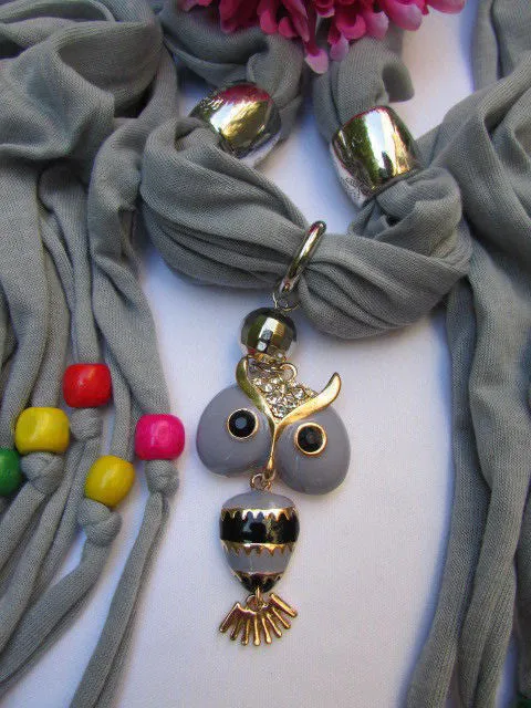 Long Fringed Scarf with Multicolored Beads & Owl Pendant