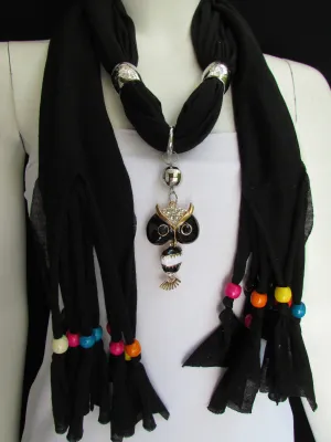 Long Fringed Scarf with Multicolored Beads & Owl Pendant