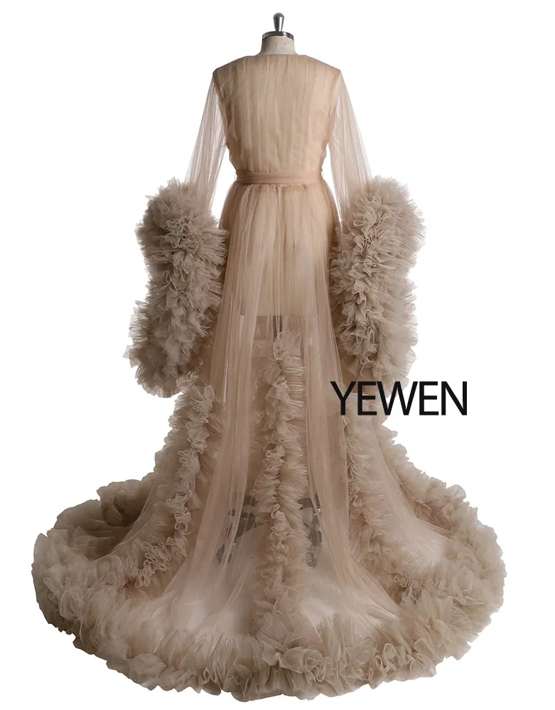 Long Sleeve Wedding Dress Elegant Ruffled See Through Maxi Maternity Dress