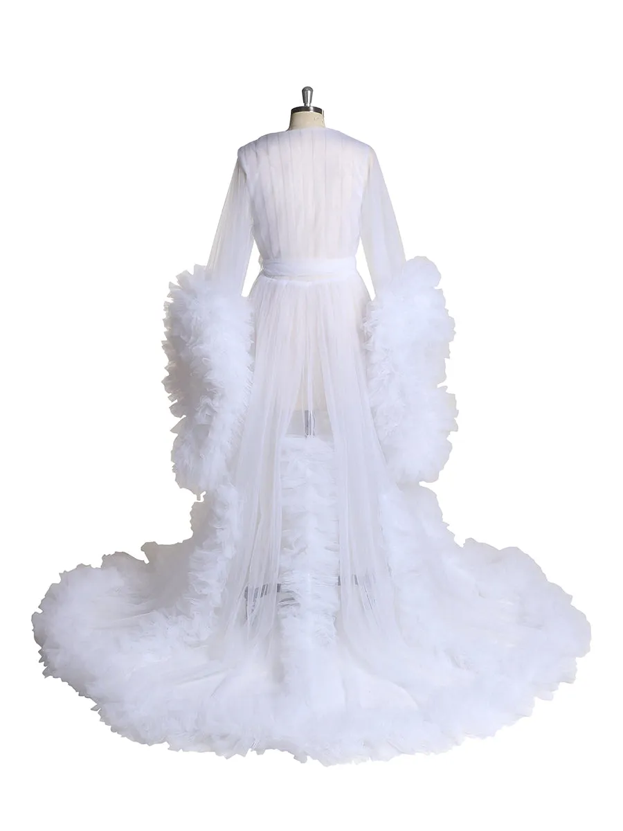 Long Sleeve Wedding Dress Elegant Ruffled See Through Maxi Maternity Dress