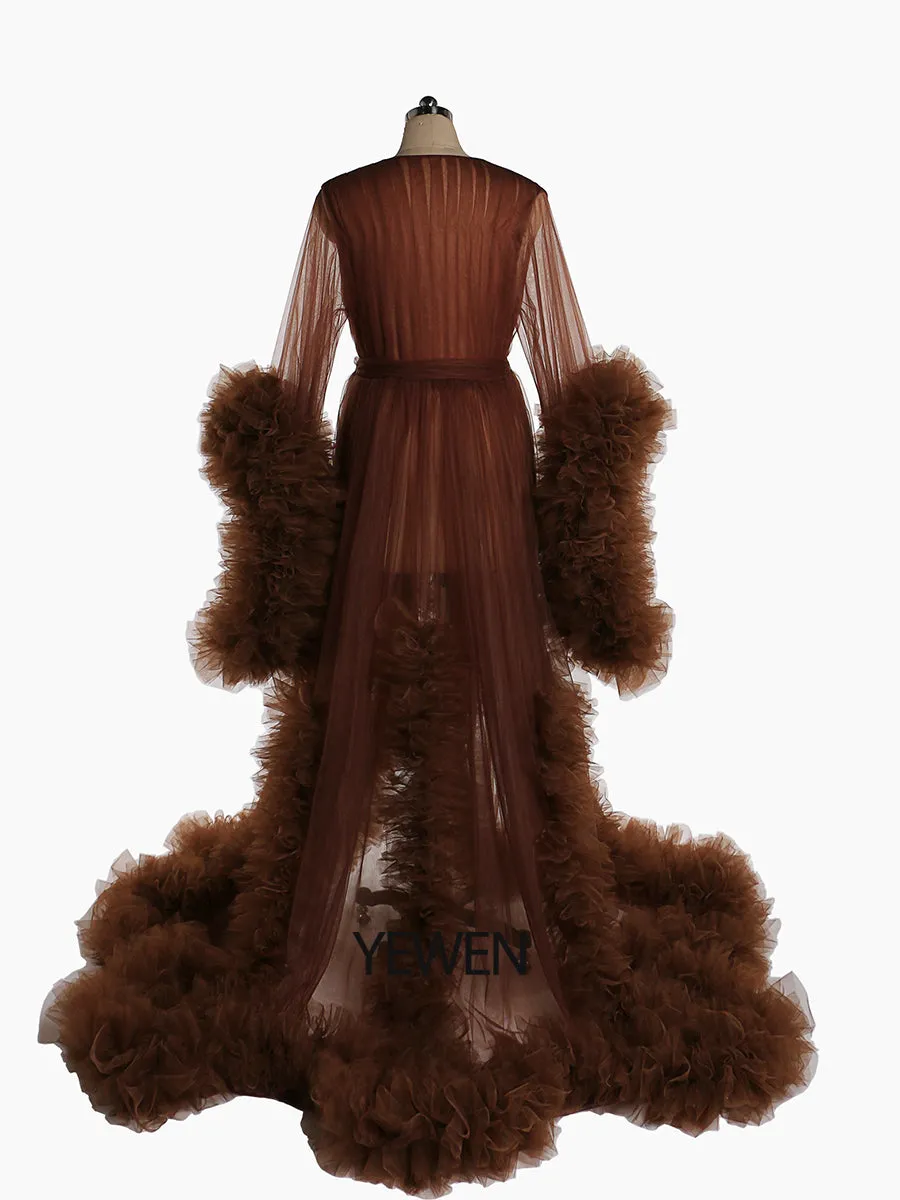 Long Sleeve Wedding Dress Elegant Ruffled See Through Maxi Maternity Dress