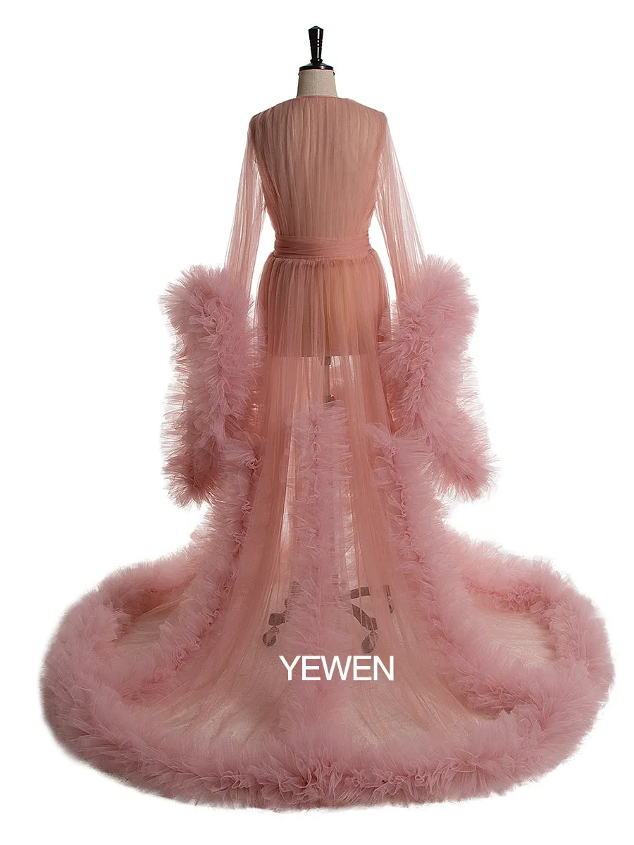 Long Sleeve Wedding Dress Elegant Ruffled See Through Maxi Maternity Dress
