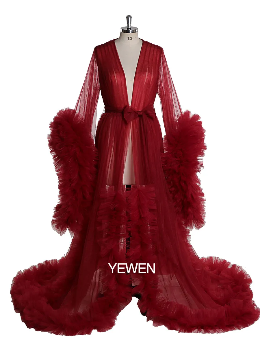 Long Sleeve Wedding Dress Elegant Ruffled See Through Maxi Maternity Dress