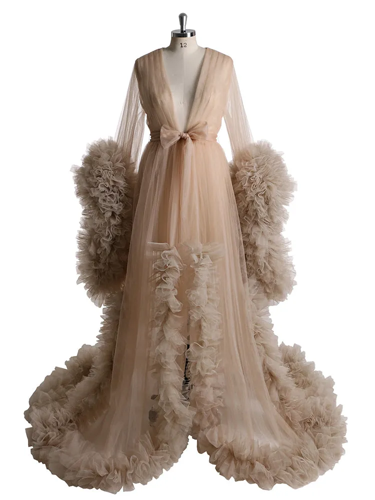 Long Sleeve Wedding Dress Elegant Ruffled See Through Maxi Maternity Dress
