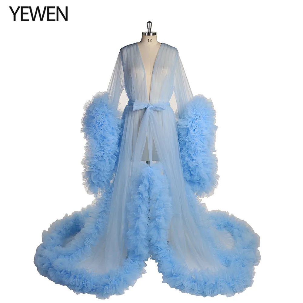 Long Sleeve Wedding Dress Elegant Ruffled See Through Maxi Maternity Dress