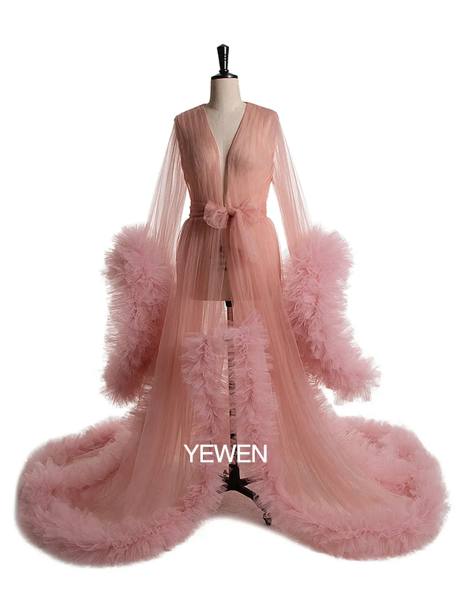 Long Sleeve Wedding Dress Elegant Ruffled See Through Maxi Maternity Dress