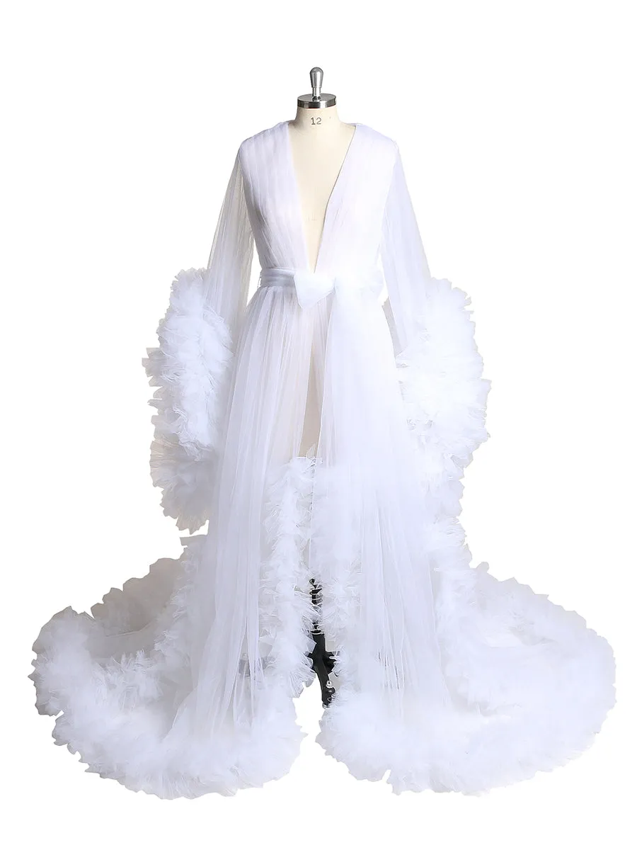 Long Sleeve Wedding Dress Elegant Ruffled See Through Maxi Maternity Dress