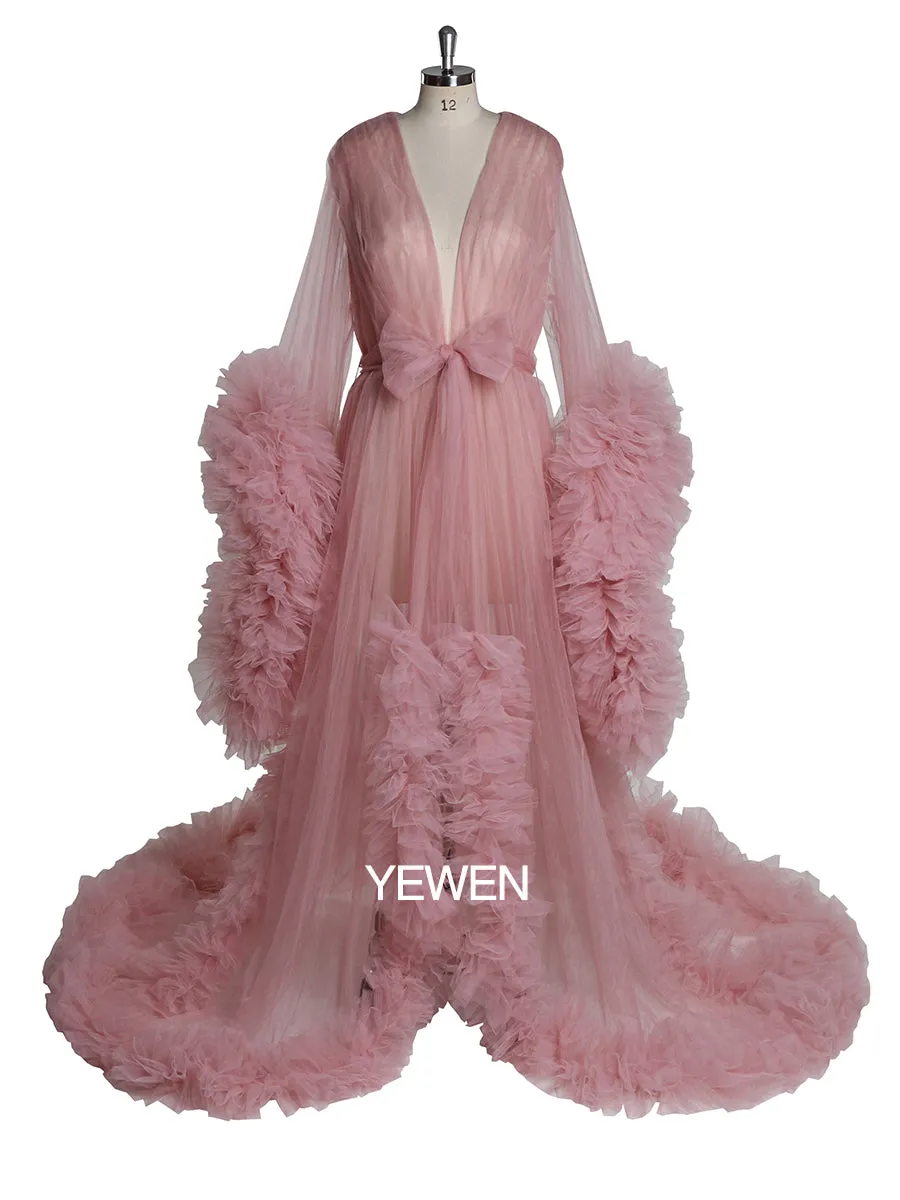 Long Sleeve Wedding Dress Elegant Ruffled See Through Maxi Maternity Dress