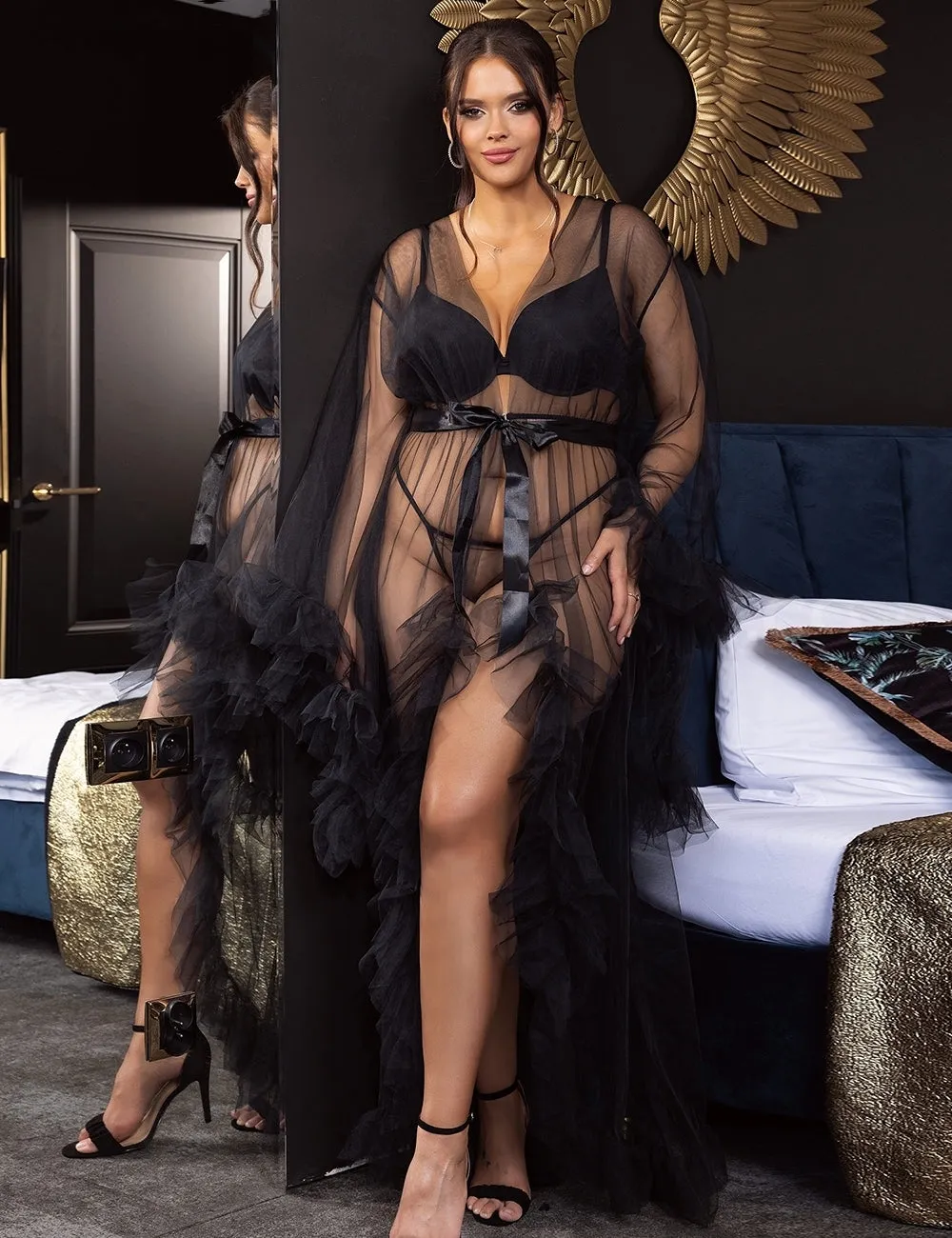 Long White & Black Sexy Ruffled Trumpet Sleeves Robe Egypt With Belt