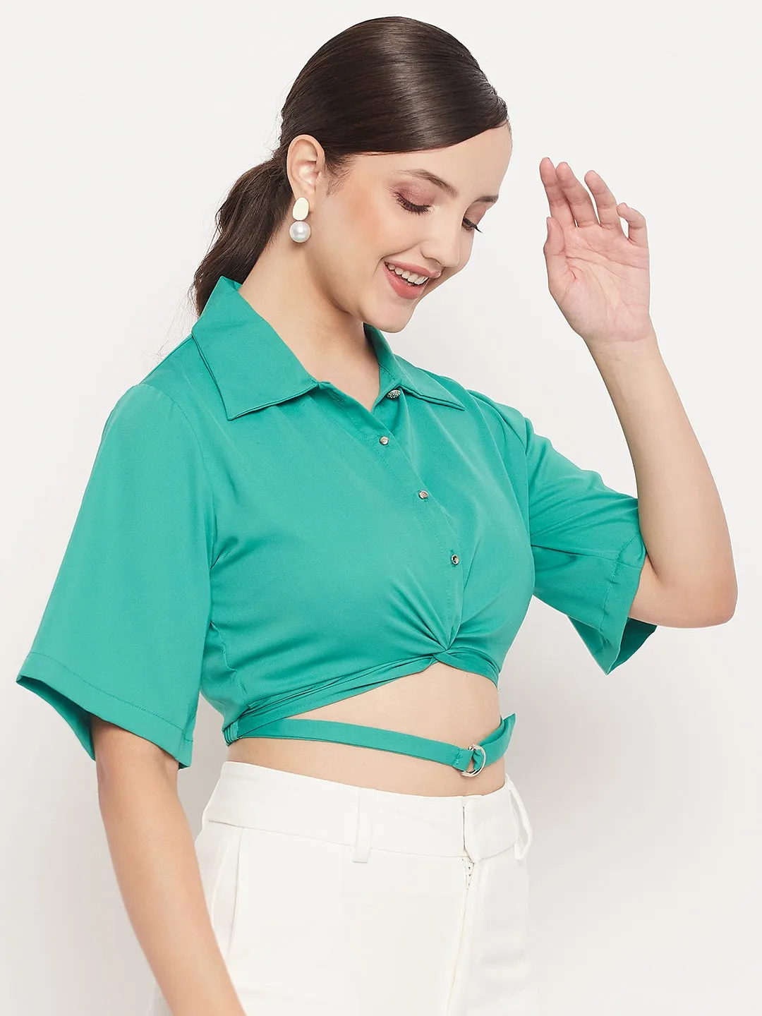 Madame Green Belt Detailed  Collar Crop Shirt