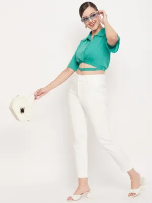 Madame Green Belt Detailed  Collar Crop Shirt