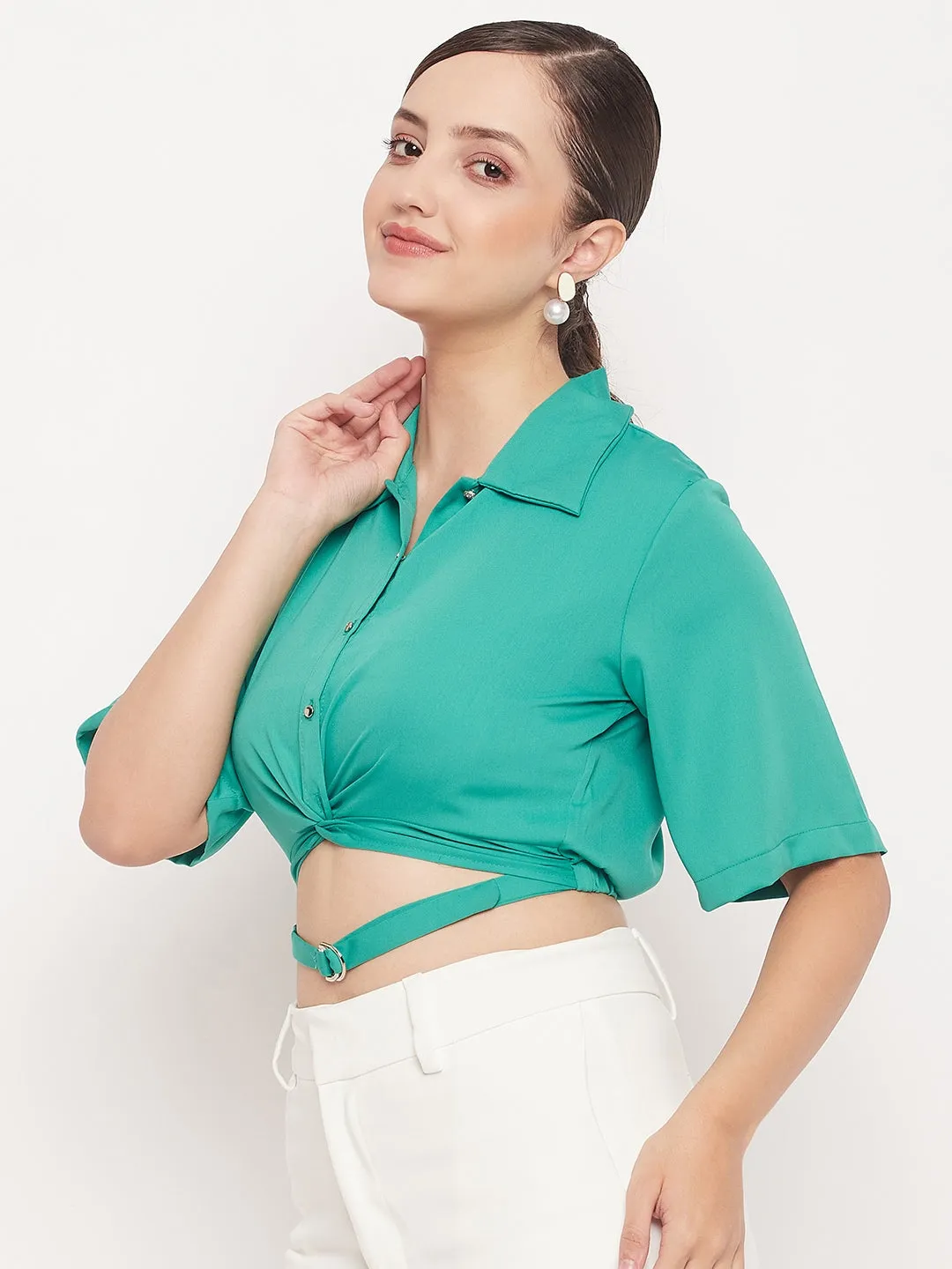 Madame Green Belt Detailed  Collar Crop Shirt