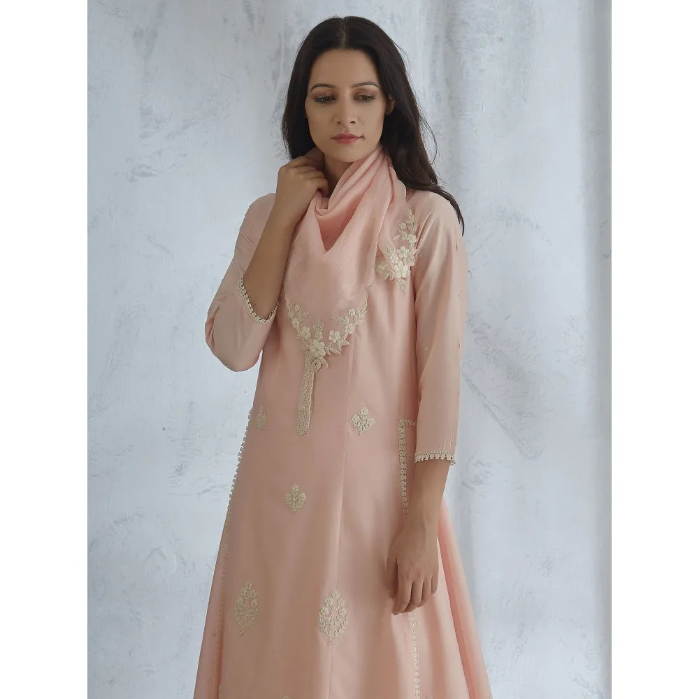 Mandira Wirk Peach Dori & Pearl Embroidered Kurta With Straight Pant And Scarf (Set of 3)
