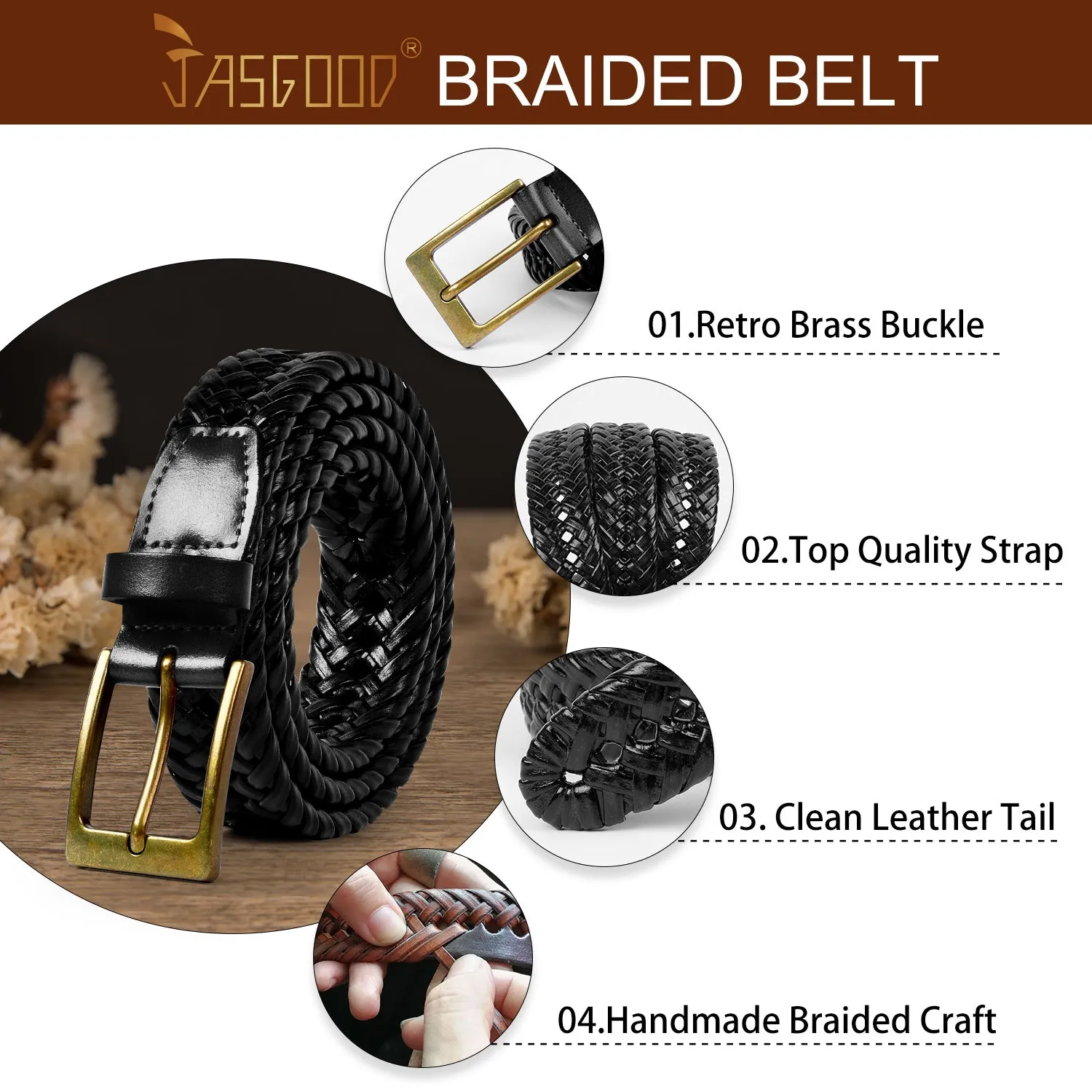 Men's Braided Leather Belt, Braided Woven Belt for Men Casual Jeans with Solid Strap Single Prong Buckle by JASGOOD