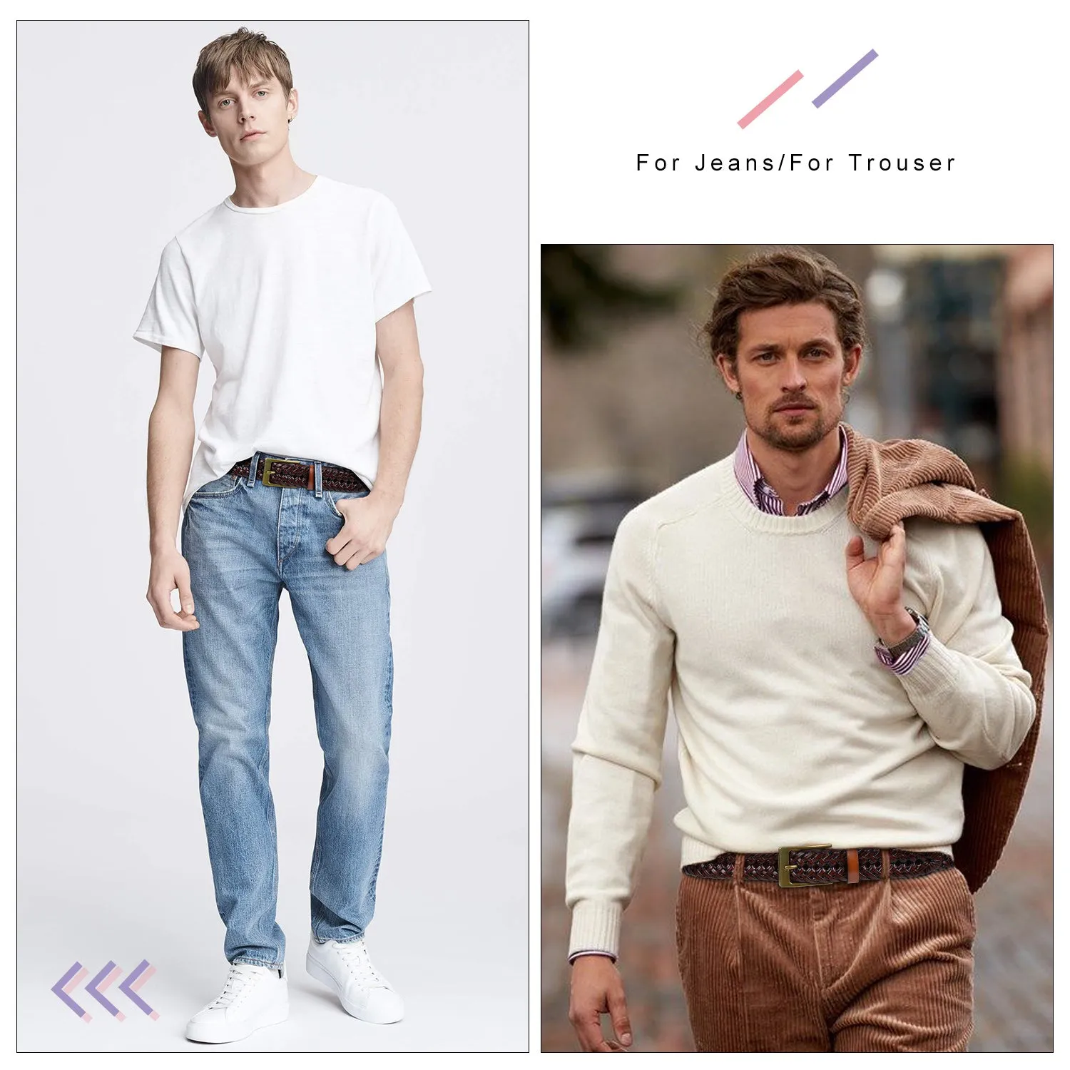 Men's Braided Leather Belt, Braided Woven Belt for Men Casual Jeans with Solid Strap Single Prong Buckle by JASGOOD