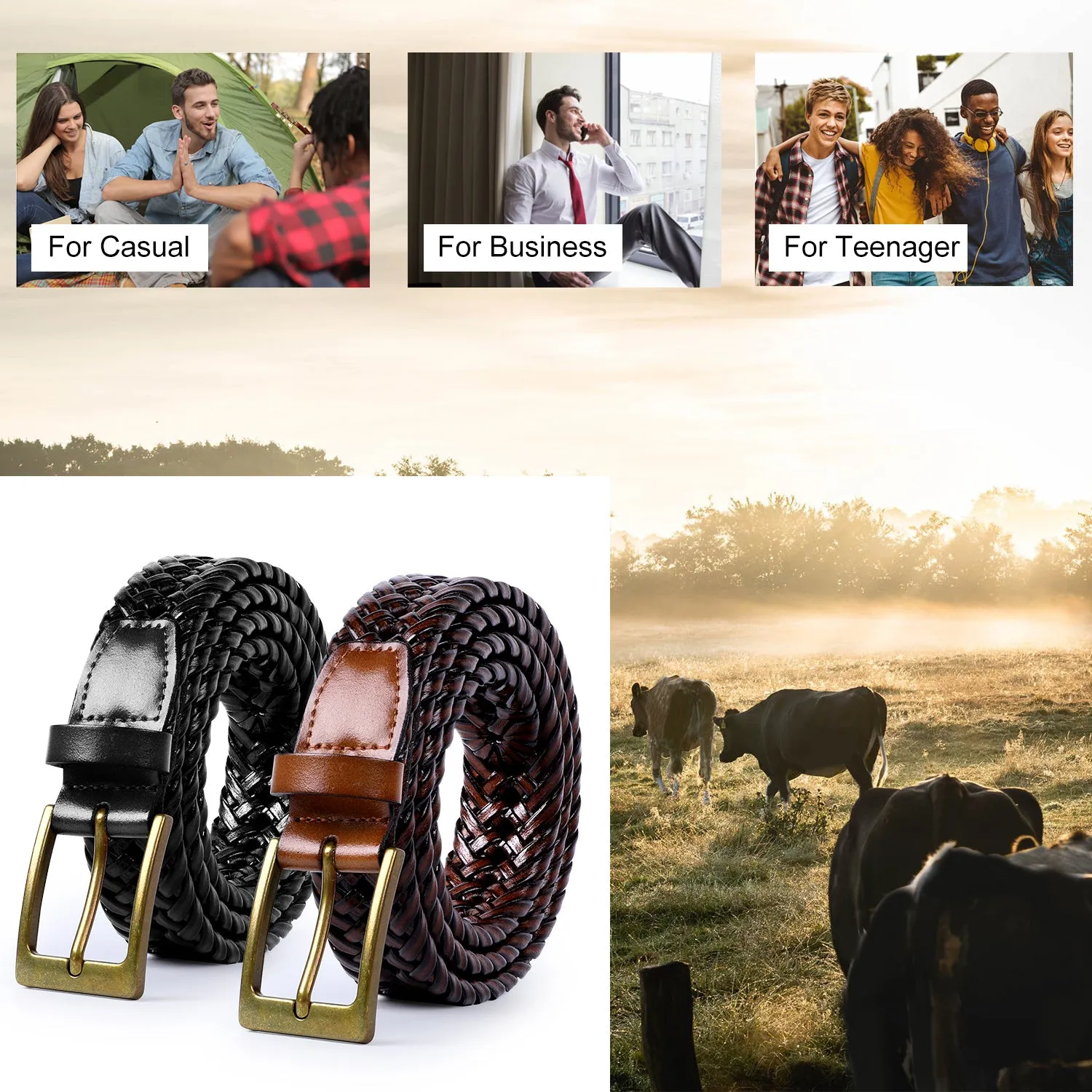Men's Braided Leather Belt, Braided Woven Belt for Men Casual Jeans with Solid Strap Single Prong Buckle by JASGOOD