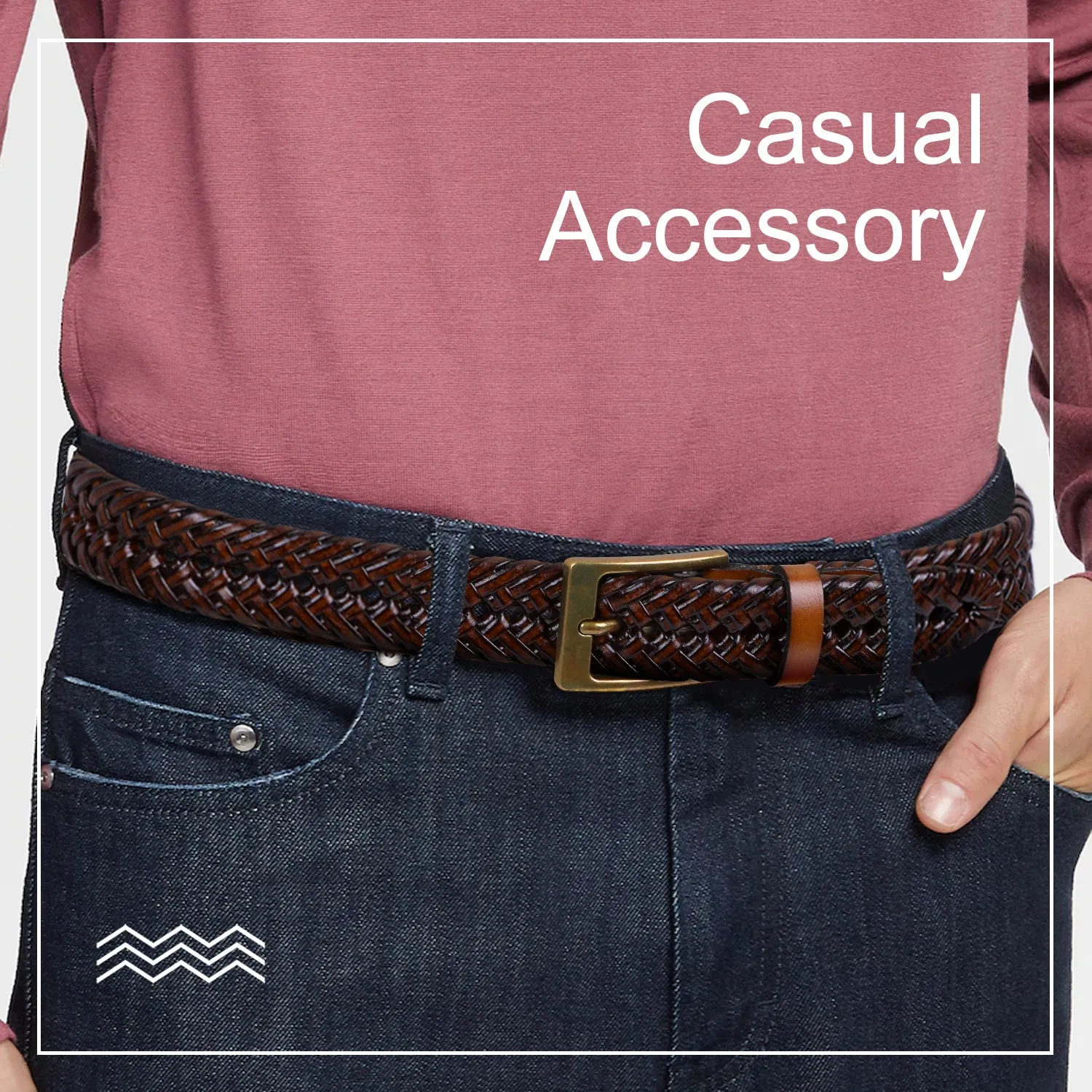 Men's Braided Leather Belt, Braided Woven Belt for Men Casual Jeans with Solid Strap Single Prong Buckle by JASGOOD