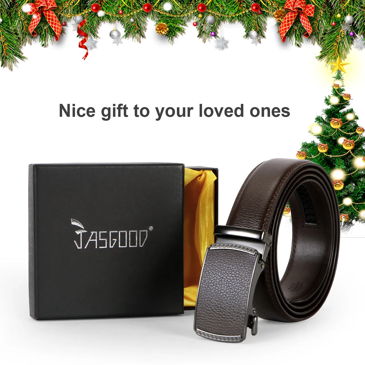 Men's Leather Belt, Ratchet Dress Belt with Automatic Buckle in Gift Box by JASGOOD