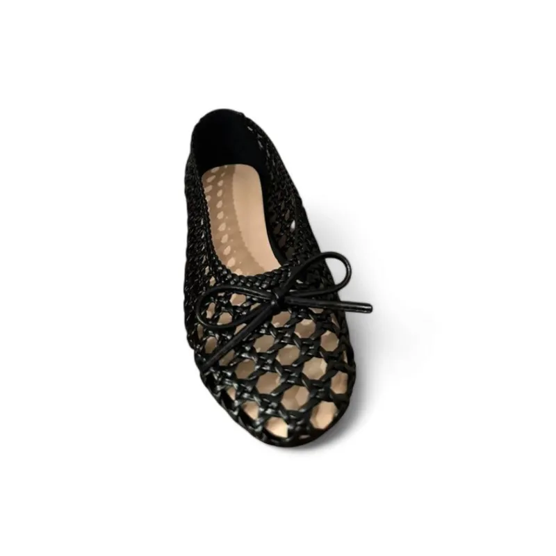 Merendy Asfora Round Toe Low Heel Bow-Detail Mesh Royal Black Ballet Pumps