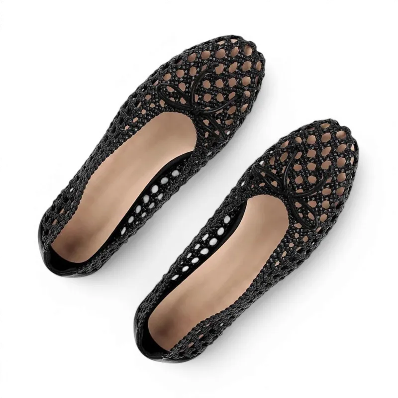 Merendy Asfora Round Toe Low Heel Bow-Detail Mesh Royal Black Ballet Pumps