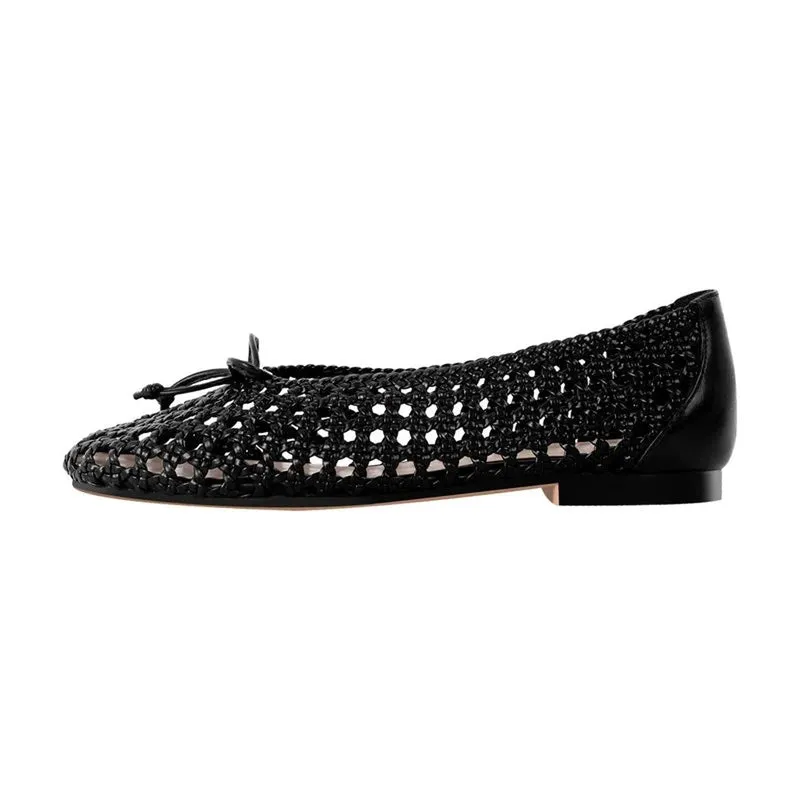 Merendy Asfora Round Toe Low Heel Bow-Detail Mesh Royal Black Ballet Pumps