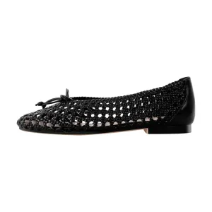 Merendy Asfora Round Toe Low Heel Bow-Detail Mesh Royal Black Ballet Pumps