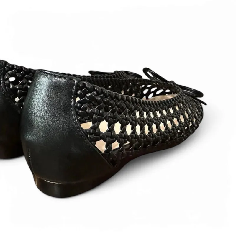Merendy Asfora Round Toe Low Heel Bow-Detail Mesh Royal Black Ballet Pumps