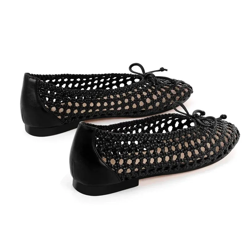 Merendy Asfora Round Toe Low Heel Bow-Detail Mesh Royal Black Ballet Pumps