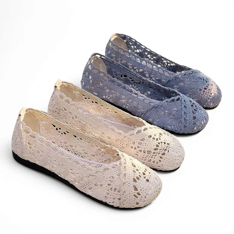 Merendy Sika Round-Toe Slip-On Comfortable Gray Mesh Ballet Flats.