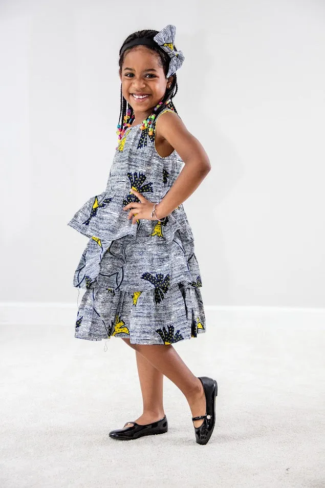 Mia Girl dress- 3 layers Silver and yellow print