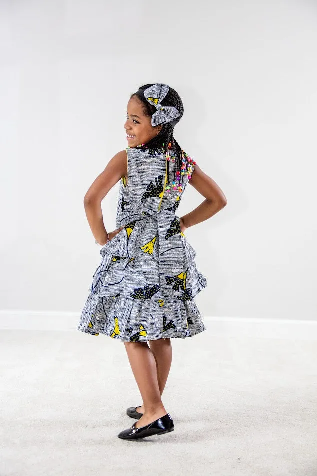 Mia Girl dress- 3 layers Silver and yellow print