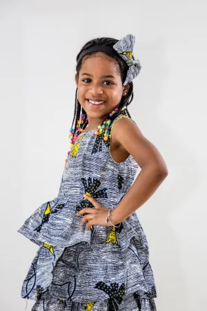 Mia Girl dress- 3 layers Silver and yellow print