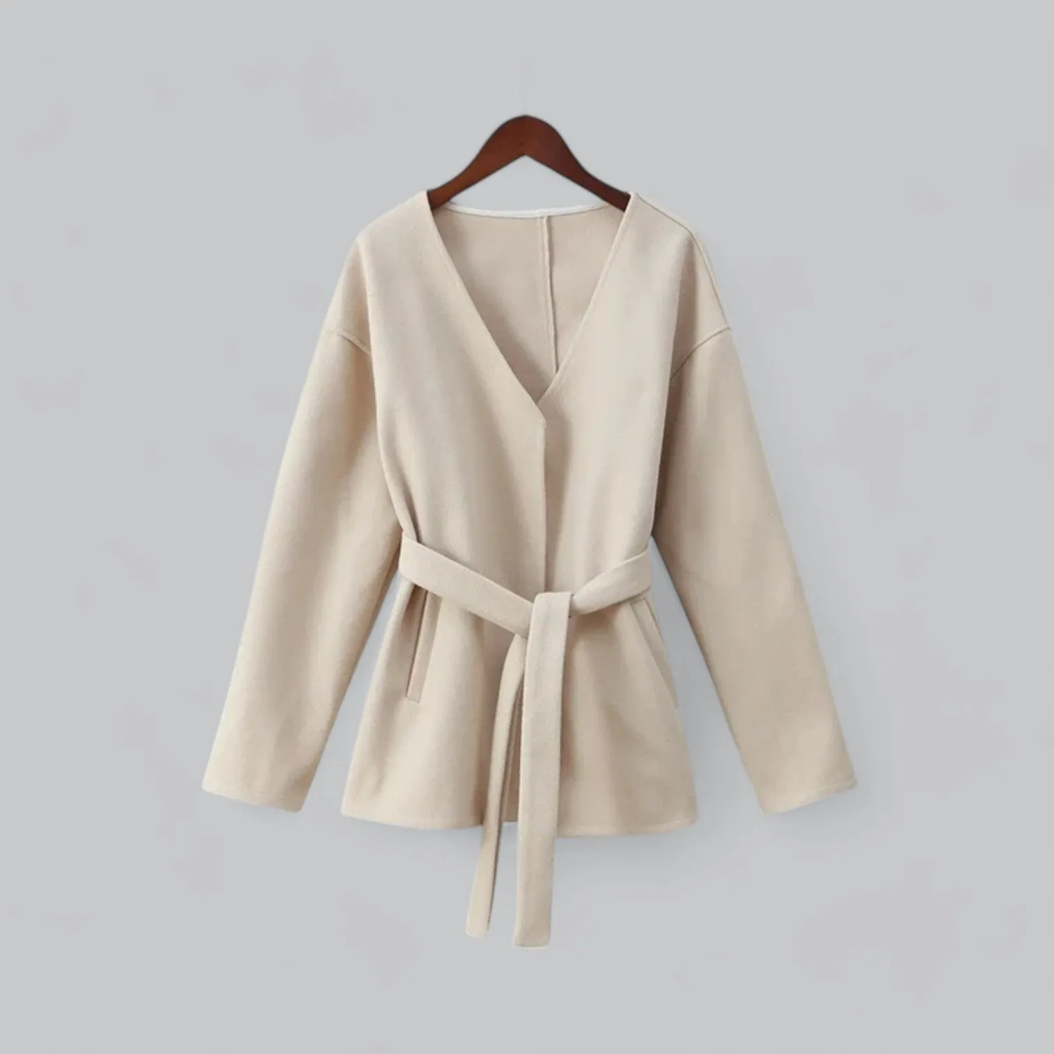 Midi Coat with Belt | Women's V-Neck Jacket | Stylish Outerwear for Fall & Winter
