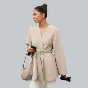 Midi Coat with Belt | Women's V-Neck Jacket | Stylish Outerwear for Fall & Winter