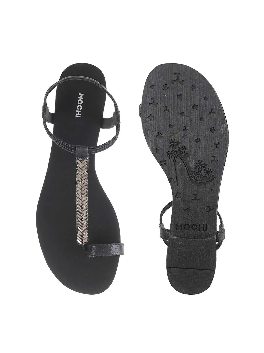 Mochi Women Black Embellished One Toe Flats