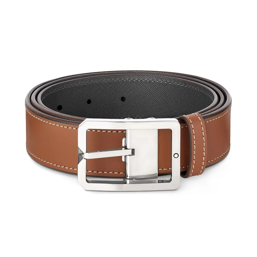 Montblanc 35mm belt with rectangular buckle in reversible brown brown leather/gray size 131164