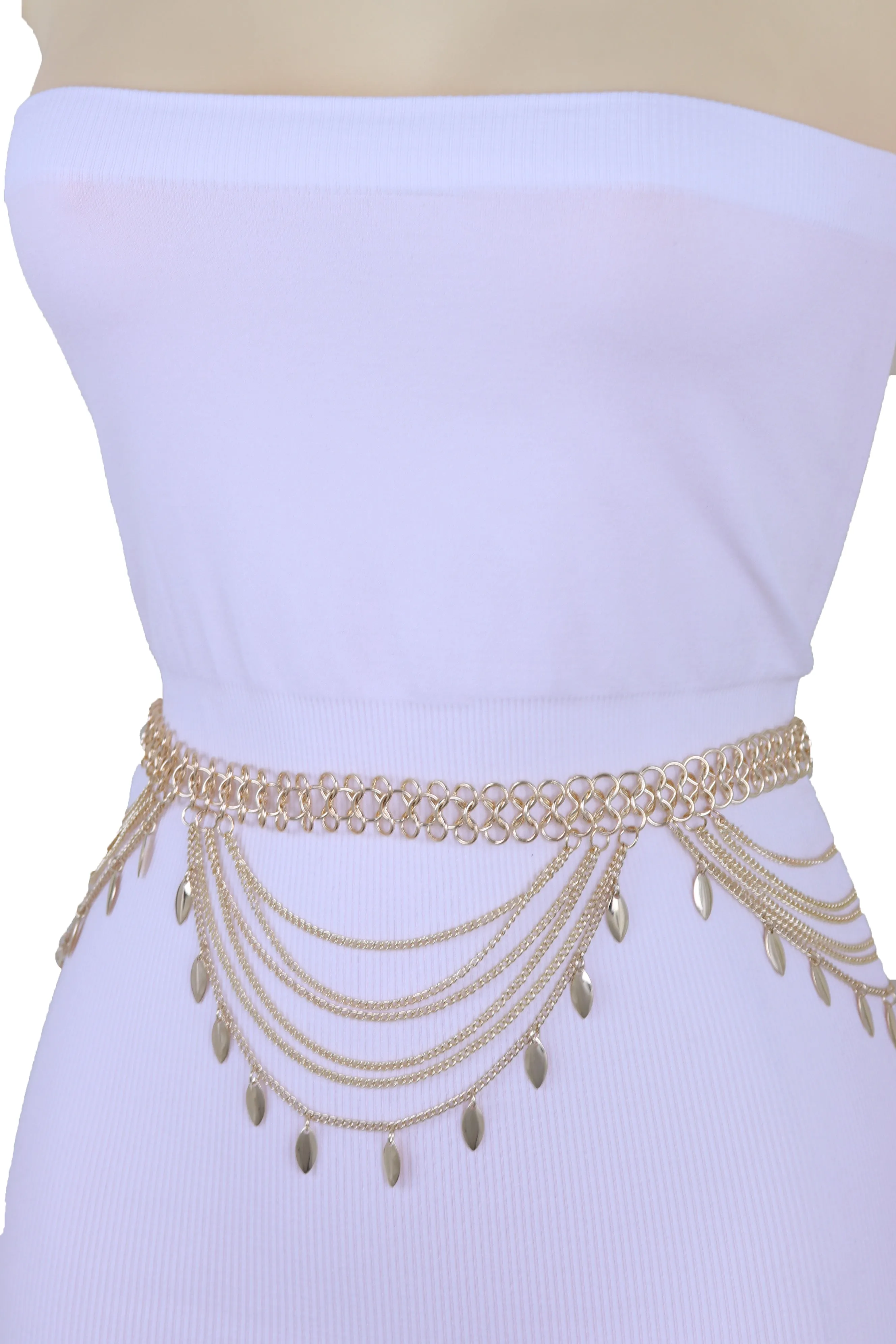 Multi Strand Side Waves Leaf Charms Metal Chain Belt