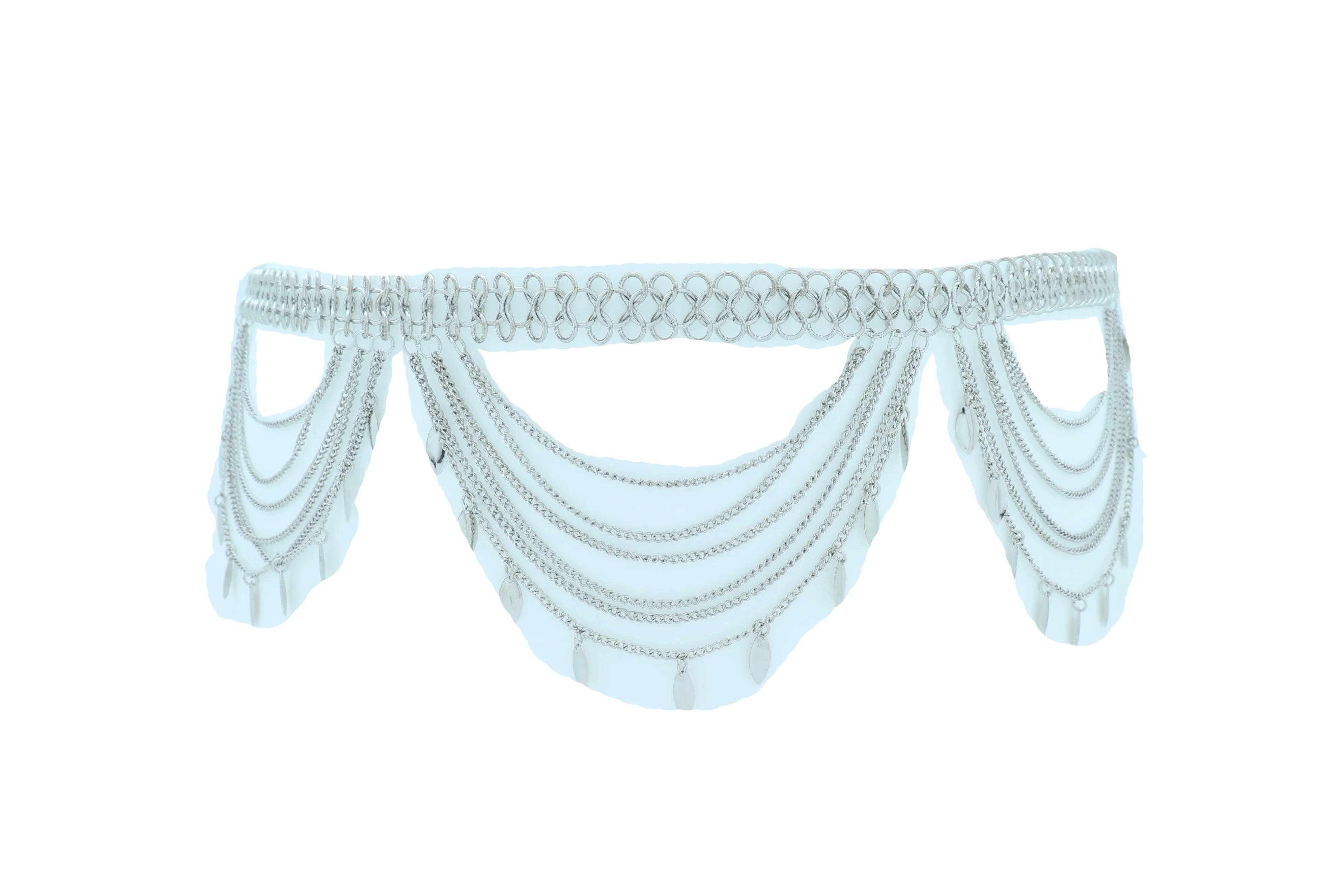 Multi Strand Side Waves Leaf Charms Metal Chain Belt