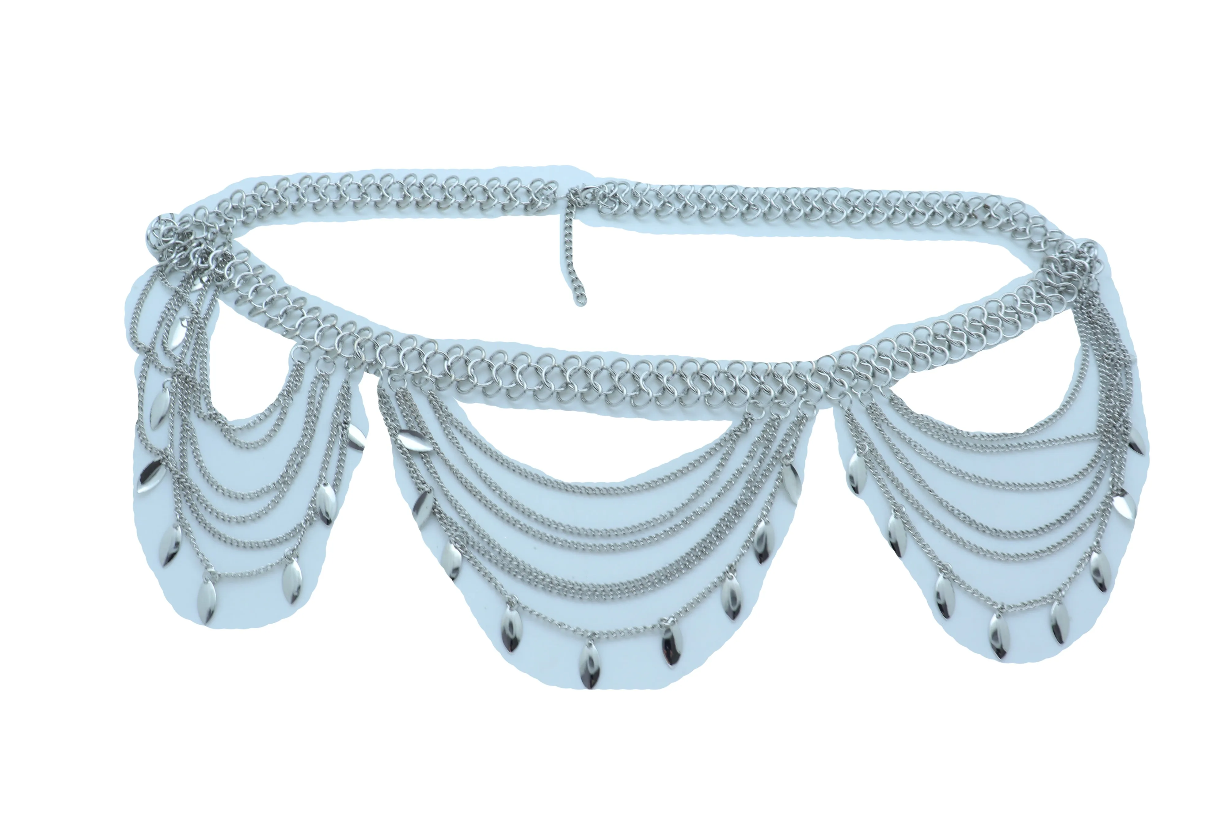 Multi Strand Side Waves Leaf Charms Metal Chain Belt