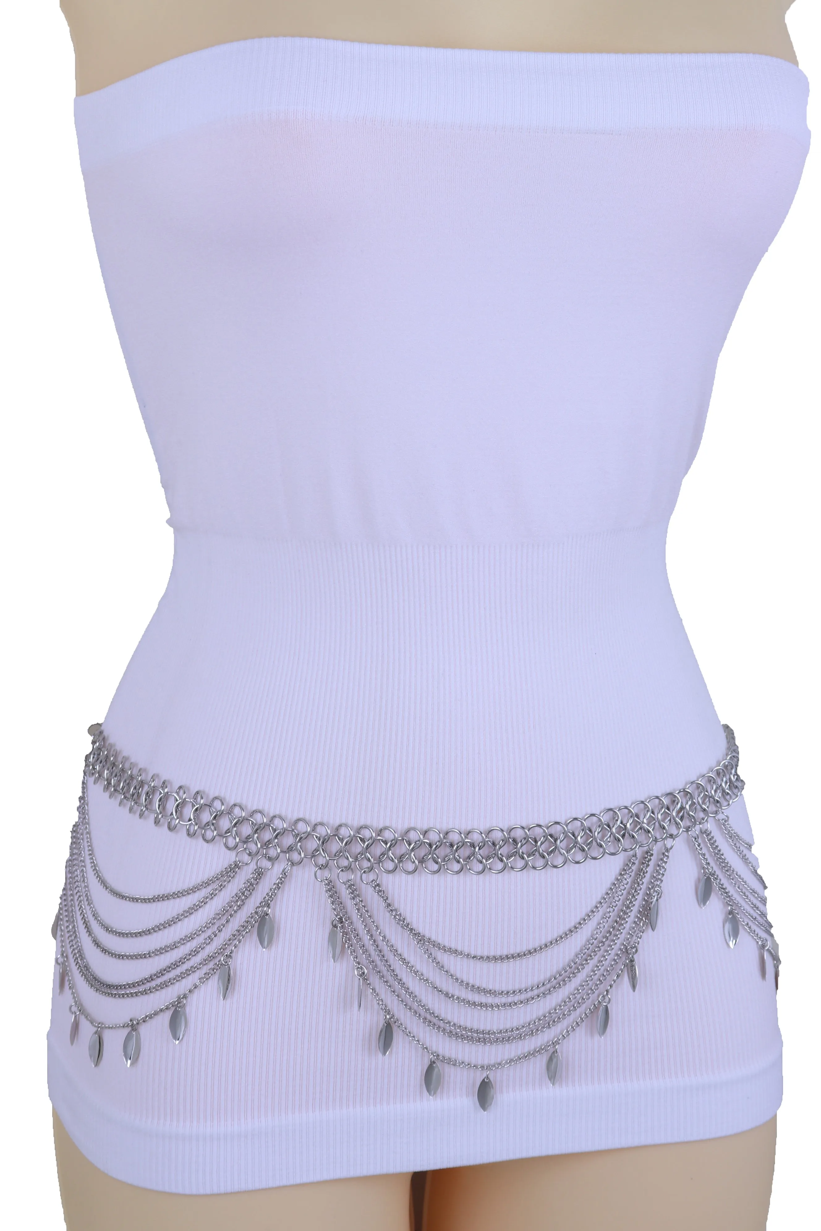 Multi Strand Side Waves Leaf Charms Metal Chain Belt
