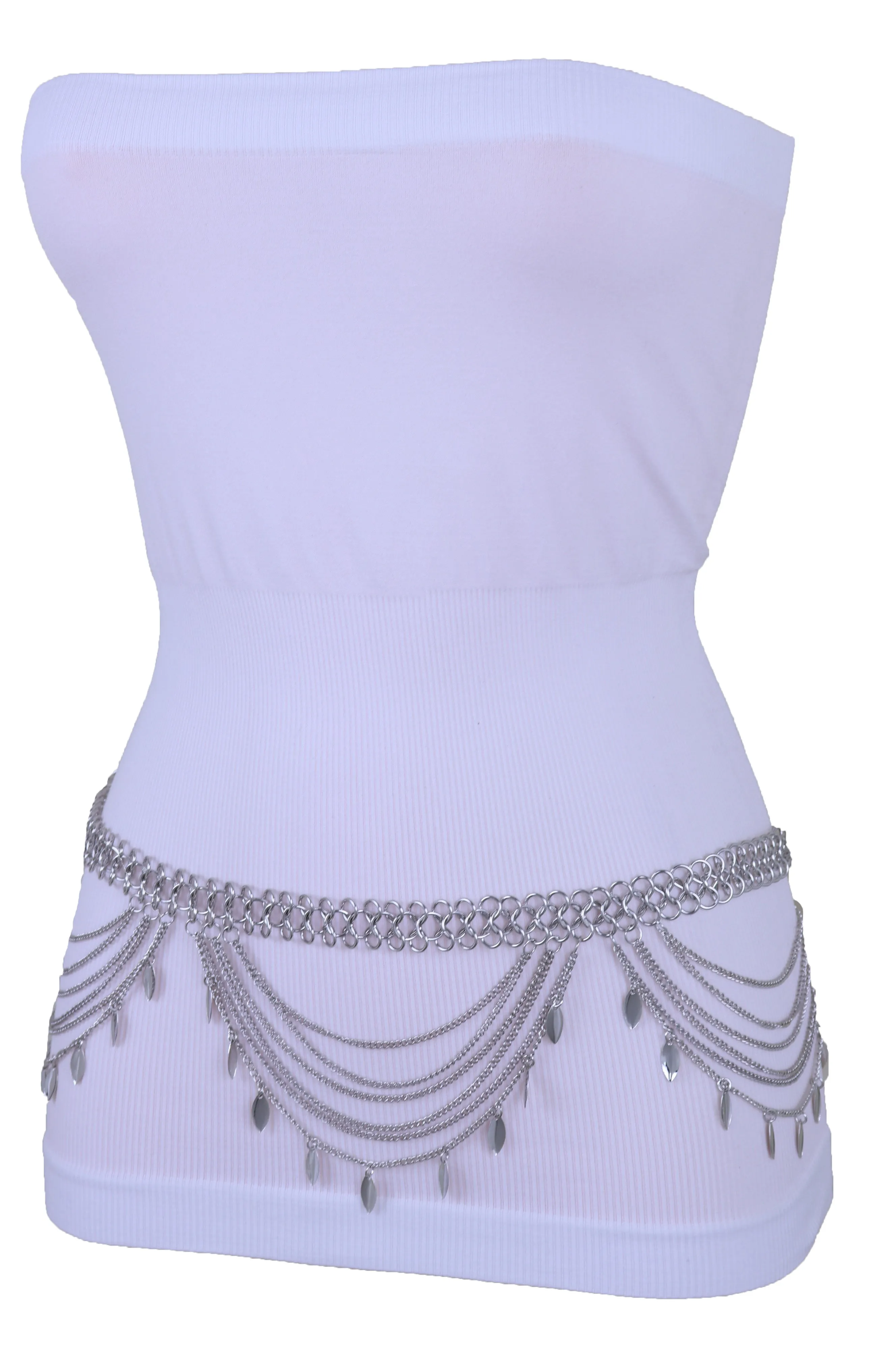 Multi Strand Side Waves Leaf Charms Metal Chain Belt