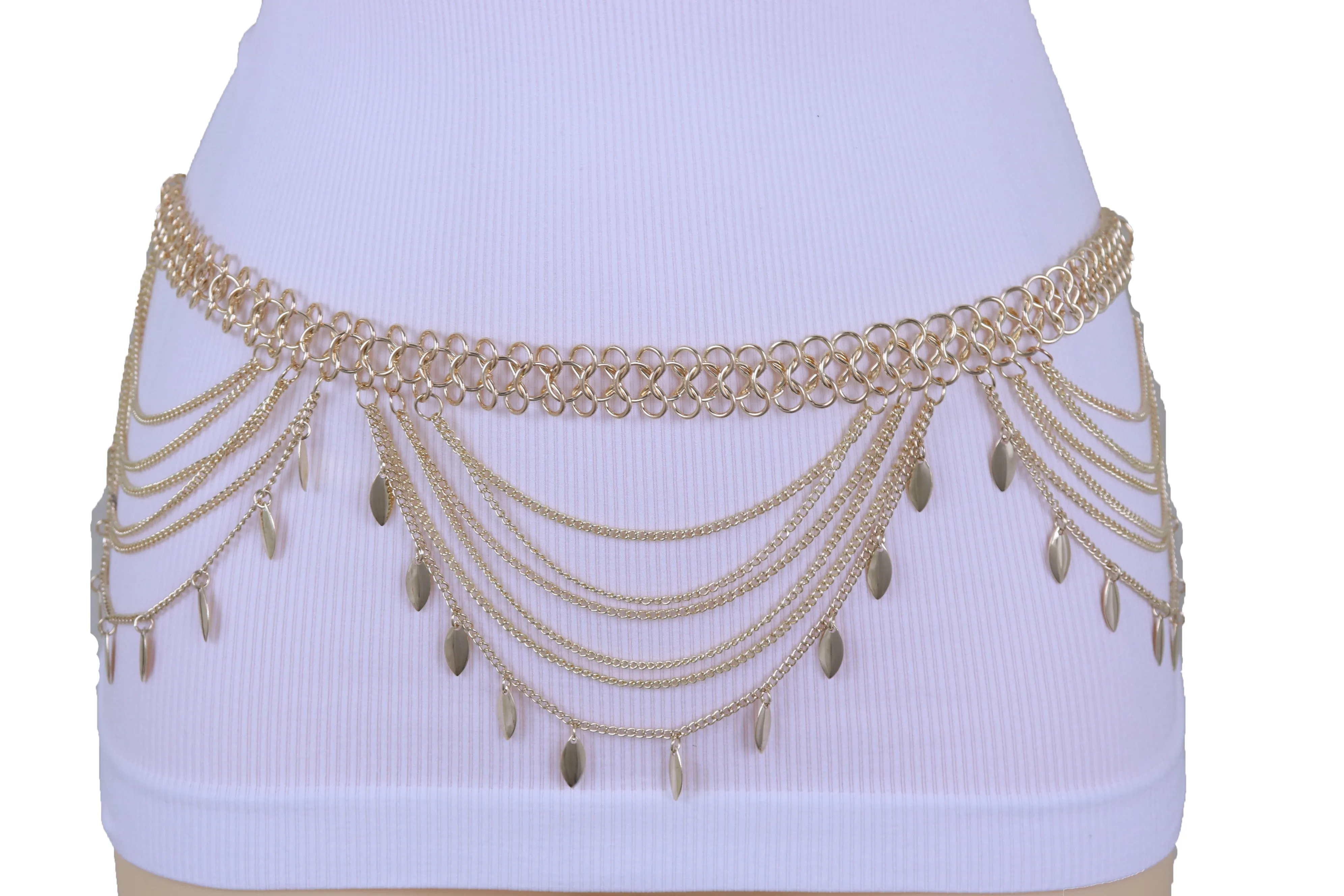 Multi Strand Side Waves Leaf Charms Metal Chain Belt